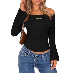 MEROKEETY Women's Off Shoulder Sweater 2025 Fall Cute Bell Long Sleeve Ribbed Knit Winter Pullover Knit Outfits, Black, Size Medium