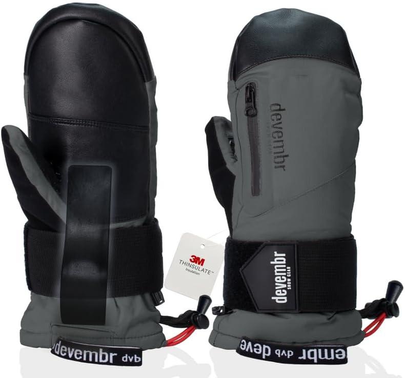 devembr Ski Mittens with Wrist Guards, Waterproof Snowboarding Mittens, Gray, S