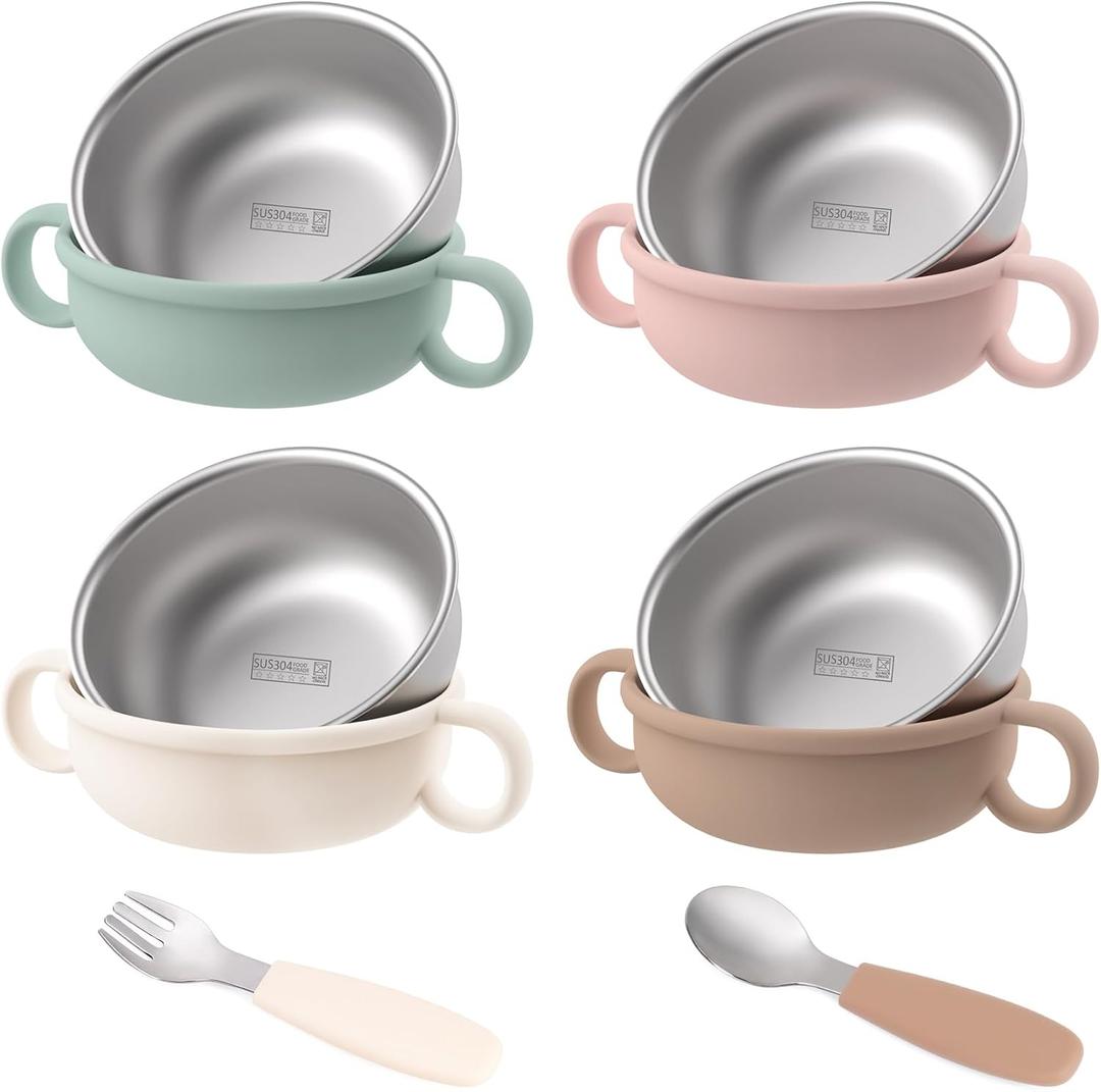 Stainless Steel Baby Bowls, 8.5fl Oz Kids Bowl with Anti-scald Removable Silicone Shell, BPA Free Baby Feeding Bowls with Fork Spoon for Snacks, Ice Cream, Cereal, Soup, Fruit (4 Colors)
