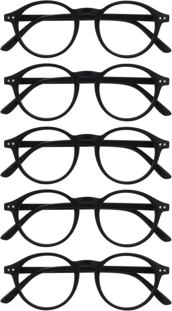 OPULIZE REY Reading Glasses for Women Men, Retro Round Frame with Spring Hinges, Matte Black +3.00 (Pack of 5)