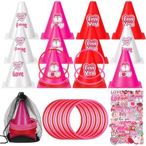 12 Set Valentines Day Ring Toss Games with Plastic Cones and Rings Stickers Storage Bags Valentines Galentines Day Party Games Red Pink Ring Toss Combo Set for Indoor Outdoor Party Supplies