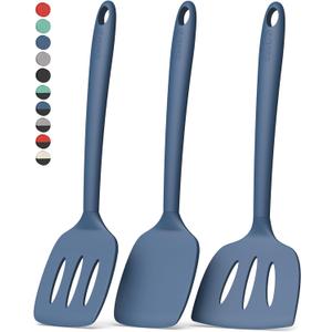 Coukre 3 Pack Silicone Spatula Set, High Heat Resistant, BPA-Free, Fish Spatula, Solid & Slotted Turner for Non-Stick Pans, Flipping Eggs, Pancakes, Fish, Burgers (3, PureDarkBlue)
