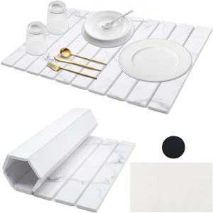 DOUBFIVSY Large Stone Dish Drying Mat for Kitchen Counter, 24"16" Collapsible Kitchen Dish Drying Mat, Absorbent Diatomaceous Earth Bath Mat Quick Dry for Dishes Bottles Cups (Marble, 24" x 16")