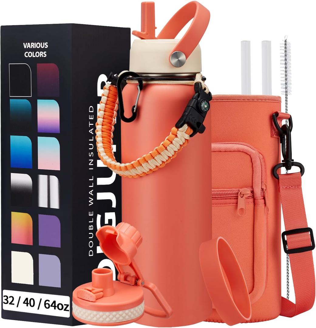 40 oz Stainless Steel Water Bottles with Straw and Auto Spout Lids, Wide Mouth Metal Thermo Bottles for Gym, Leak Proof & BPA-Free Water Flask Jug with Paracord Handle & Carrier Bag with Strap (Coral Orange)