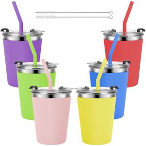 Kids Cups with Lids and Straws, 12oz Toddler Tumblers with Straws and Lids Spill Proof Cup for Kids Stainless Steel Sippy Cups for School, Outdoor, 6 Pack (Red,Pink,Blue,Purple,Green,Yellow)