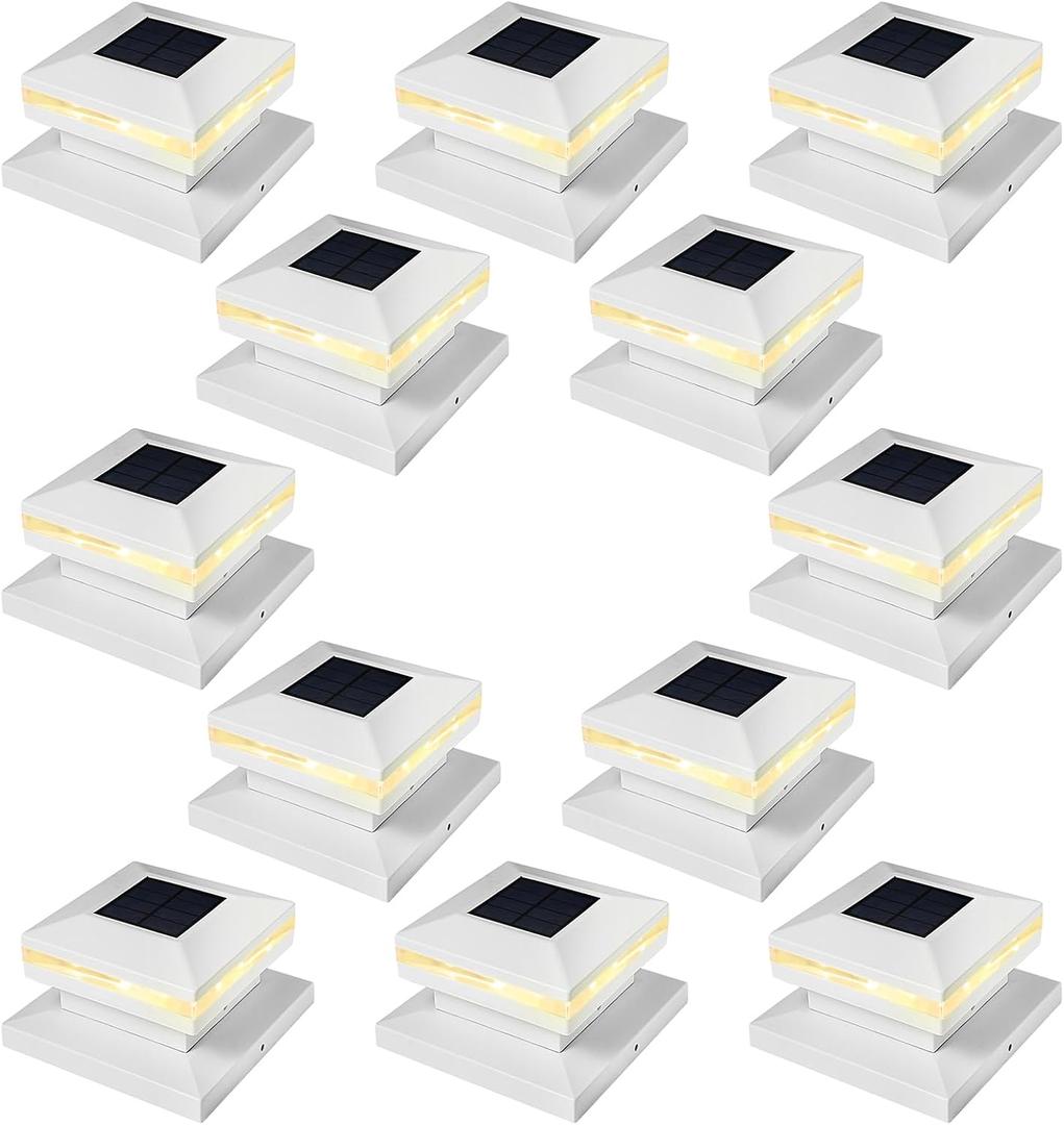 Viewsun 12 Pack Solar Post Cap Lights, Outdoor Fence Solar Powered White Shell Caps for Deck, Patio, Garden Decor, Warm White High Brightness SMD LED Lighting, Lamp Fits for 4x4 or 6x6 Wooden Posts