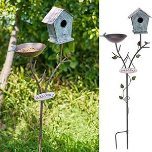SMQLJXC Bird Baths and BirdHouses with Pole, Distressed Metal Bird Bath Bowl and Birdhouse Stake for Outdoor Garden Yard Decoration (Bird Baths/BirdHouses-D)