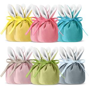 Funtery Easter Bunny Gift Bags Rabbit Ear Velvet Bags with Drawstrings 4.7 x 3.7 Inch Bunny Gift Pouches Party Favors for Baby Kid Basket Party Supplies Candy Treat Jewelry, 6 Color(12 Pcs)