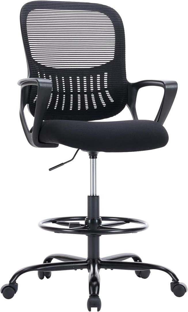 DUMOS Drafting Chair - Counter Height Adjustable Tall Office Desk Chair with Fixed Armrests and Comfortable Lumbar Support for Standing Desk, Deep Black