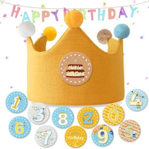 Reusable Birthday Crown with Numbers,Kids Birthday Hat Fabric Crown Pertain Kids Boy Toddler Girl Baby Bday Hats (Ginger + Yellow)