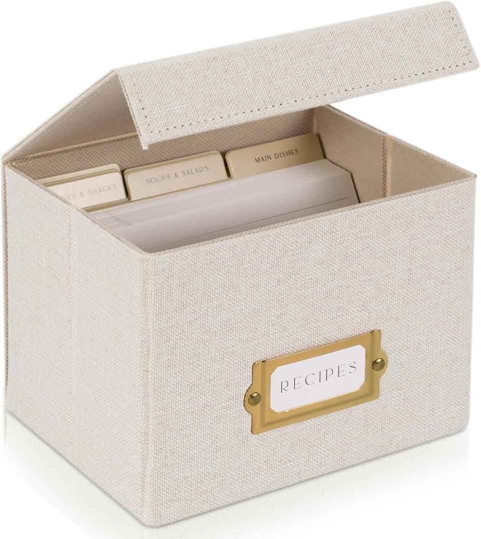 ZICOTO Beautiful Linen Recipe Box - Fits 4x6 inch Recipe Cards to Organize Up to 250 Recipes - Sturdy Card Holder and Great for Any Kitchen - Cards Not Incl. (Ivory)