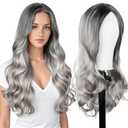 Long Grey Wigs for White Women Kinky 26 Inch Middle Part Glueless Wig 180% Density Wear Curly Wigs Cosplay Wig Upgraded Protein Fiber Hair for Daily Party Use. (Ombre Grey)