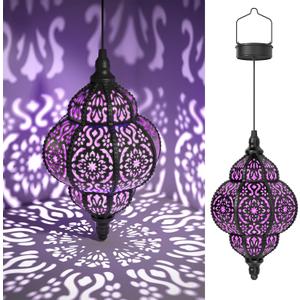 Hanging Solar Lights Outdoor Garden Decor Solar Lantern Waterproof Plastic Moroccan Outdoor Decorations for Patio Pathway Yard Backyard Garden Decorative (2, Purple)