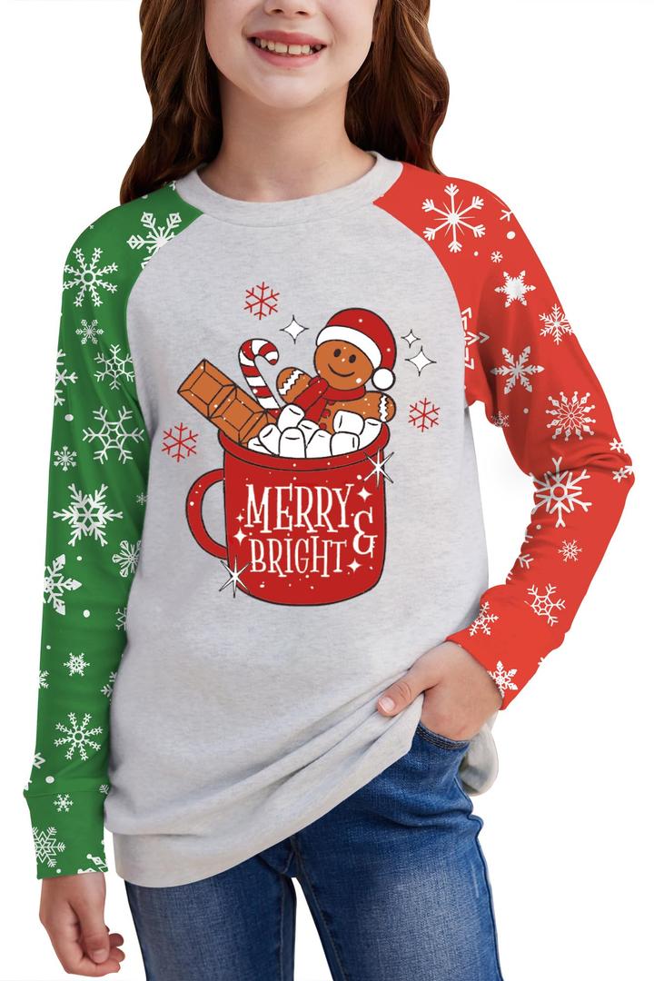 Christmas Little Girls Patchwork Funny Ugly Gingerbread Shirt Santa Party Top Green & Grey 6 Years