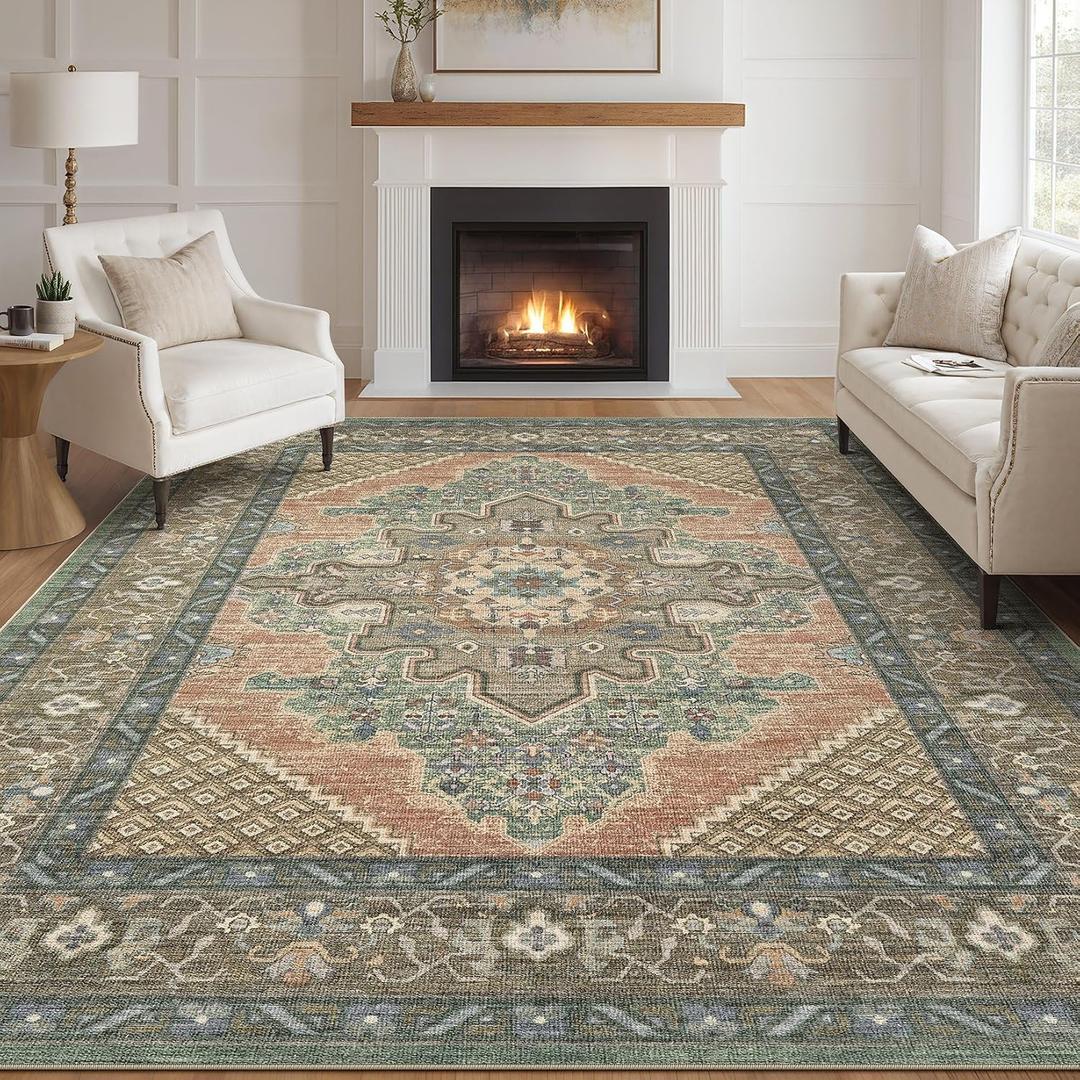 Tortania Area Rug Living Room Rugs - 10x14 Washable Boho Rug Vintage Oriental Distressed Farmhouse Large Thin Indoor Carpet for Living Room Bedroom Under Dining Table Home Office - Sage Terracotta