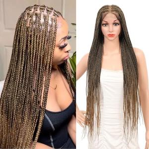 Brinbea 360° HD Lace Knotless Braided Wigs for Women Box Braid Wig with Baby Hair Premium Synthetic Braided Lace Front Wigs Light Brown 36 inch
