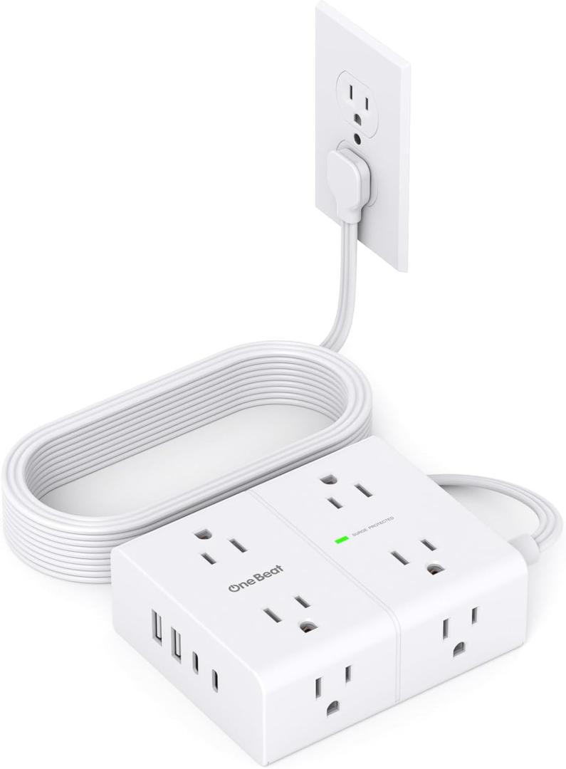 Surge Protector Power Strip, 6 Ft Flat Plug Extension Cord with 8 Outlets 4 USB Ports (2 USB C), 1080J Multi Plug Outlet Extender, Wall Mount Desk USB Charging Station for Home Office Dorm Essentials