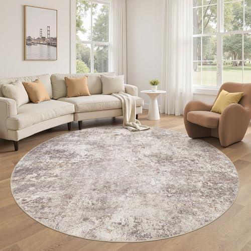 DMOYEST 6ft Round Area Rug Living Room Rugs - 6x6 Washable Large Soft Indoor Neutral Modern Abstract Low Pile Rug Carpet for Bedroom Dining Room Farmhouse Home Office - Brown