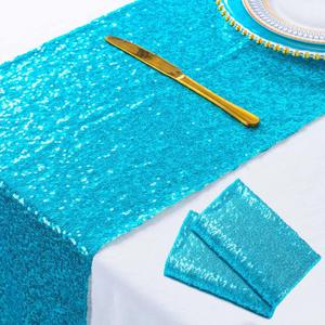 ShinyBeauty Turquoise Table Runners - Pack of 2 Sequin 12inx108in Aqua Blue Bridal Shower Decorations Wedding Reception Round Table Runners for Dining Room