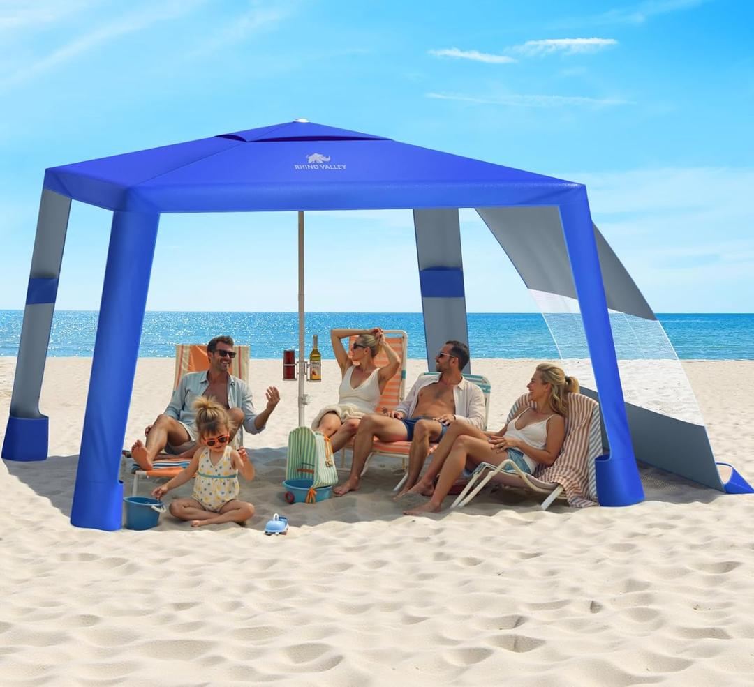 Rhino Valley Beach Cabana, 8 * 8FT Beach Tent UPF50+ Protection, Easy Setup Beach Canopy Wind Resistant with Cup Holder, Compact Beach Shade Foldable Beach Tent Sun Shelter,Dark Blue