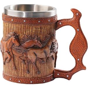 Wooden Barrel Beer Mug, 20oz Stainless Steel Horse Mug Coffee Cup Horses Gifts for Women Men Gift for Birthday Christmas, Gothic Decor Party Decoration Drinkware Gift