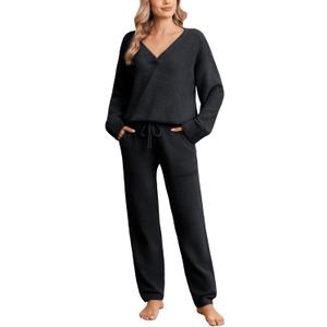 Snuggle Sac Fleece Pajama Sets for Women V Neck Ultra Soft Warm Long Sleeve Winter Pjs Fuzzy Lounge Sets 2 Piece Loungewear (Large, Black)