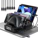 320W Charging Station for Multiple Devices, Zobirez 10-Port USB C Fast Charger Stations for MacBook, iPhone, Android Cell Phone, iPad, Tablet, Family Multi-Device Organizer Charging Dock, Black (5FT)