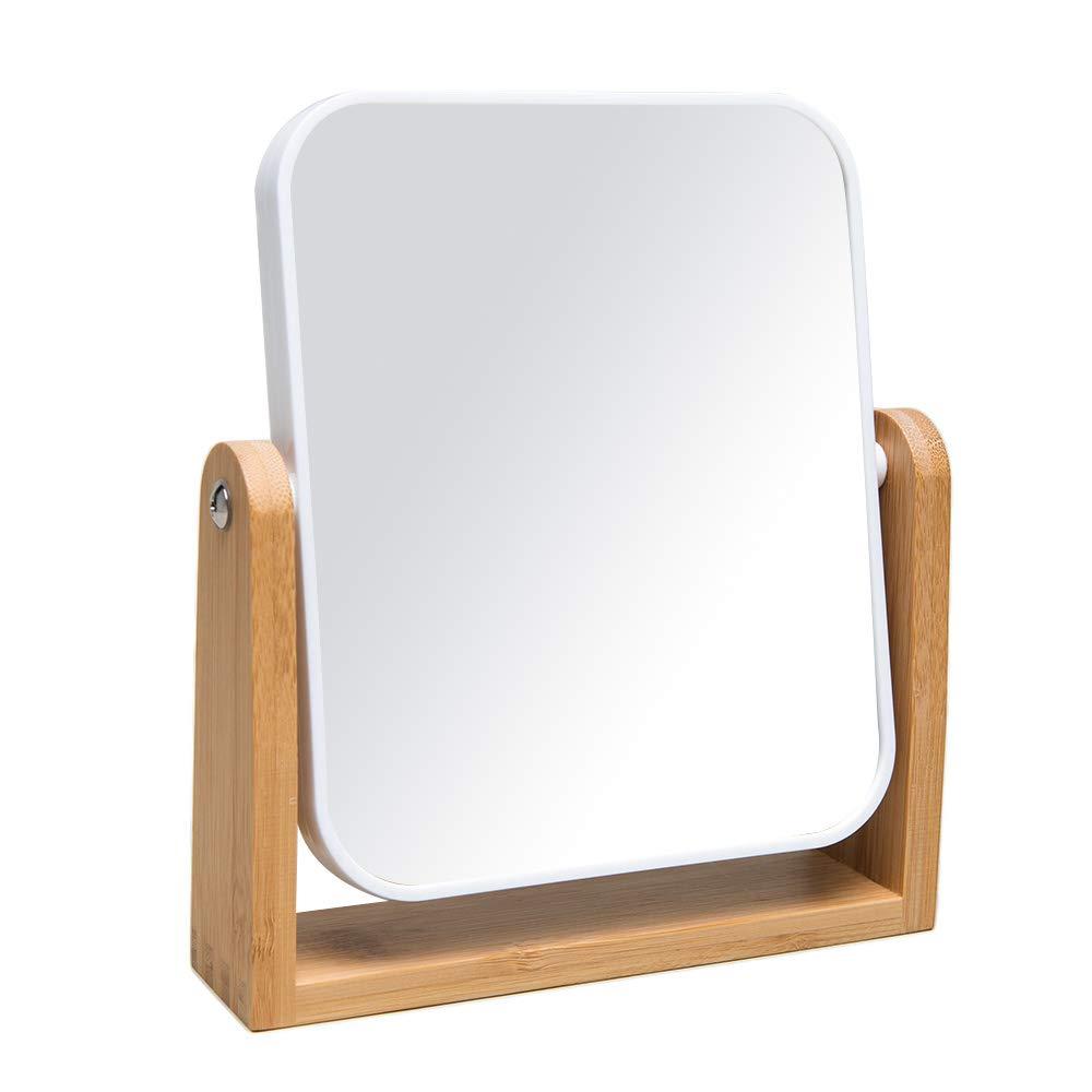 YEAKE Vanity Makeup Mirror with Natural Bamboo Stand, 8 Inch Double Sided 360 Degree Swivel Magnifying Mirror for Table, Desk, Countertop Shaving Make Up (White-rectangle (1x,2x))