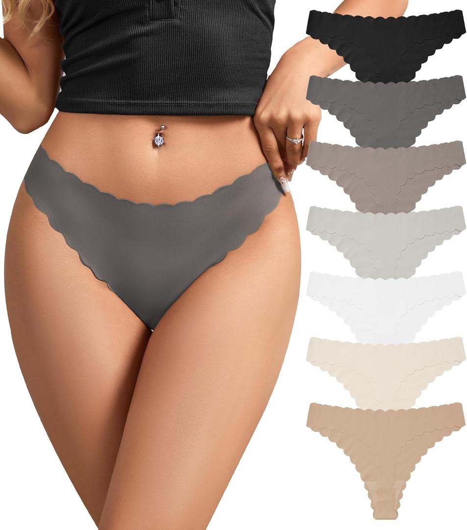 SHARICCA Women's Seamless Thongs No Show Underwear Soft Ribbed Invisible Panties Wave Edge Multi Pack (Medium, Black/Mud Gray/Silver Gray/Deep Brown/Beige Camel/Cream Beige/White)