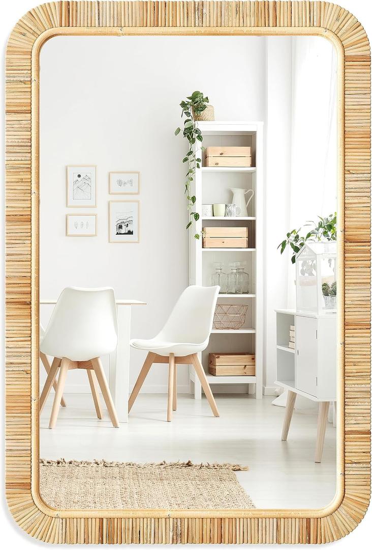 Barnyard Designs Rattan Wall Mirror, Rectangular Natural Woven Rattan Frame, Indoor Decorative Mirror for Bedroom Living Room Entryway (24" x 36", Rectangular)