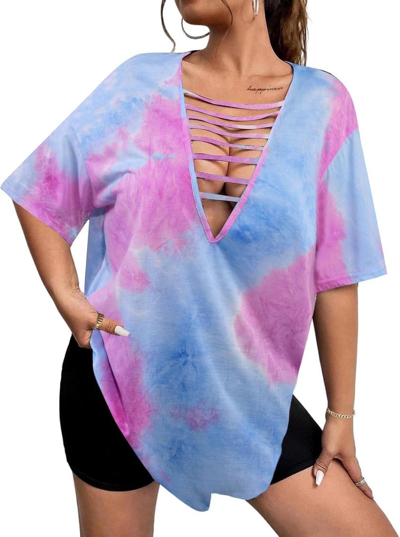 SOFIA'S CHOICE Oversized Tshirts for Women Cut Out V Neck Tie Dye Shirt Summer Short Sleeve Tee Pink TD Small