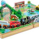 Melissa & Doug 17-Piece Wooden Take-Along Tabletop Railroad, 3 Trains, Truck, Play Pieces, Bridge - FSC Certified