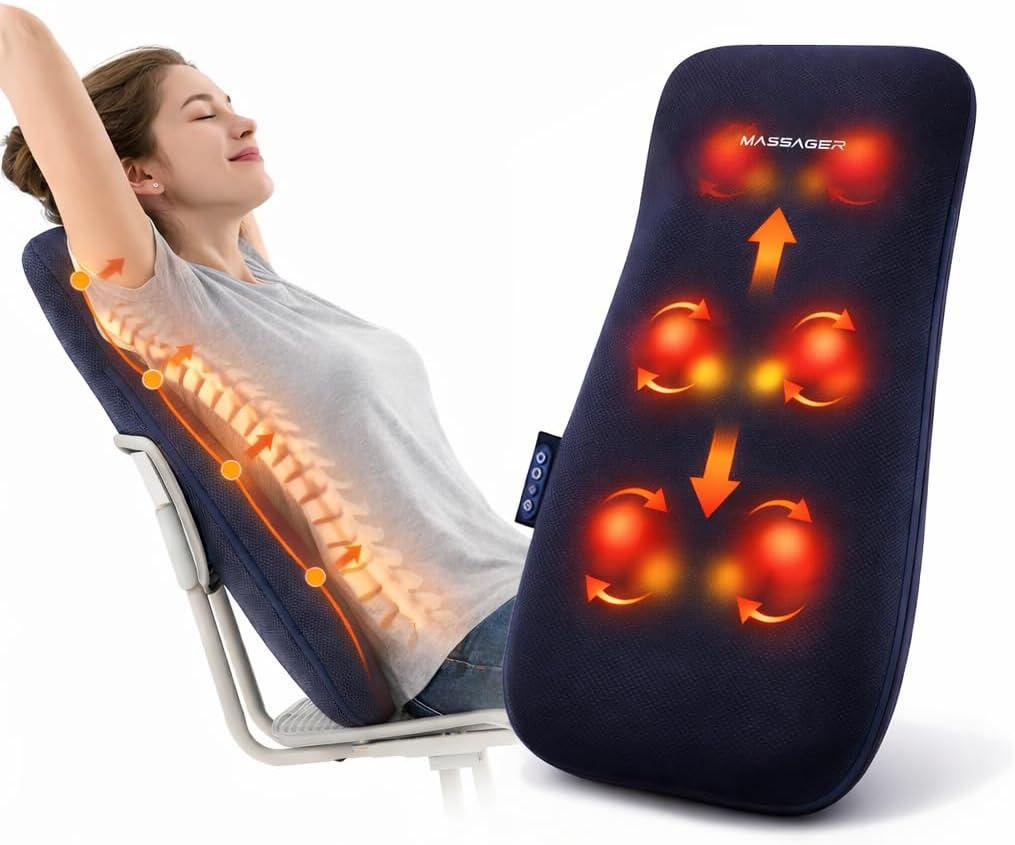 Back & Neck Massager with Heat for Pain Relief, FSA Full-Length Rolling Massage Cushion for Upper & Lower Back, 3 Modes, 2 Heat Levels, 15-Min Auto-Off, Slim Lumbar Support, HSA Eligible