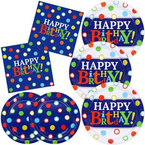 DYLIVeS Colorful Dots Party Plates and Napkins Set, Blue and Rainbow Polka Dots Decorations Disposable Tableware Set Rainbow Dots Party Supplies for Boys, Serves 50