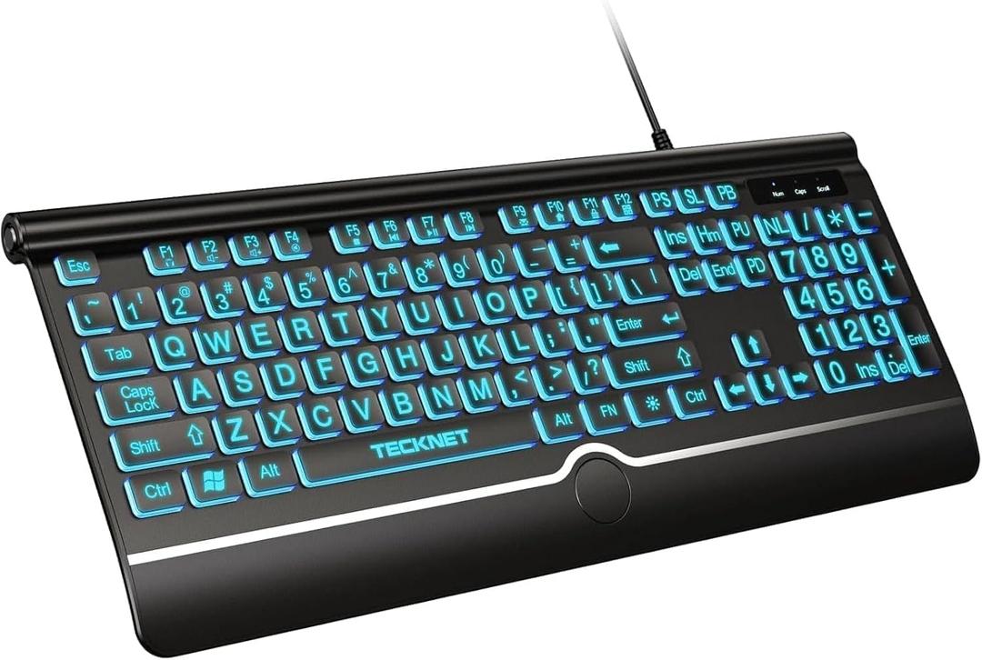 TECKNET Large Print Backlit Keyboard, Wired USB-A Computer Keyboard With Wrist Rest, 7-Color Backlit, Oversized Letter Keys Easy to See, Plug-and-Play, Silent, Light Up Keyboard for Windows/PC/Laptop (Green)