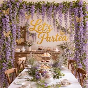 21 Pcs Tea Party Decorations Kit Let's Partea Gold Glitter Banner 3 Sizes 3D Butterflies Artificial Purple Wisteria Garland for Birthday Baby Shower Wedding Bachelorette Princess Party Decors