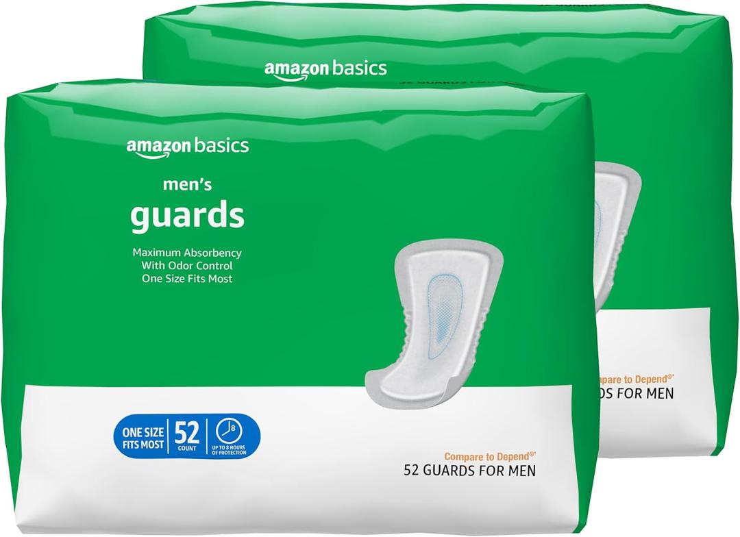 Amazon Basics Men's Incontinence Guards, Maximum Absorbency, Moisture-Wicking with Odor Protection, One Size Fits Most (3 Packs of 52)