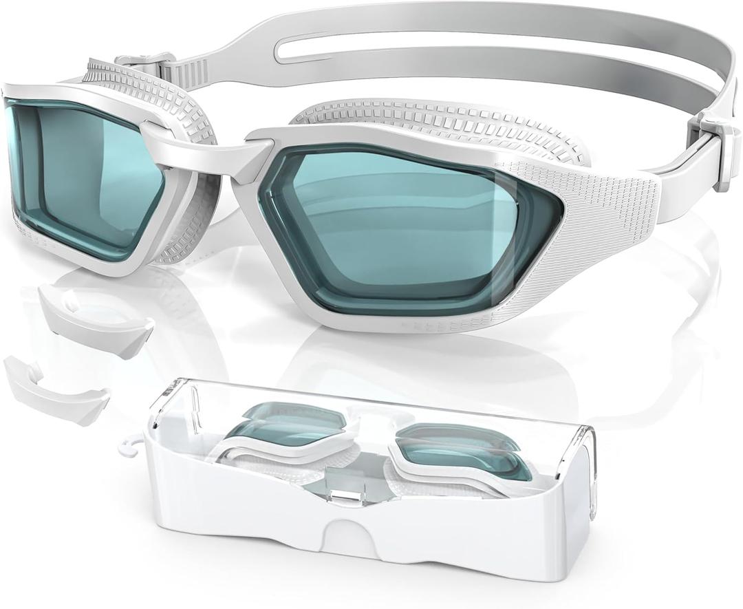 Greatever Sleek Swim Goggles Unisex-Adult, UV400 Protection Swimming Goggles, HD Wide View Goggles, Anti Fog No Leakage (G13-white/ Light Brown Lens)