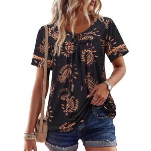 Uhiger Womens Short Sleeve Tops Summer Boho Blouses Drawstring Pleated Shirts Dressy Casual Tie Front Beach Vacation Clothes