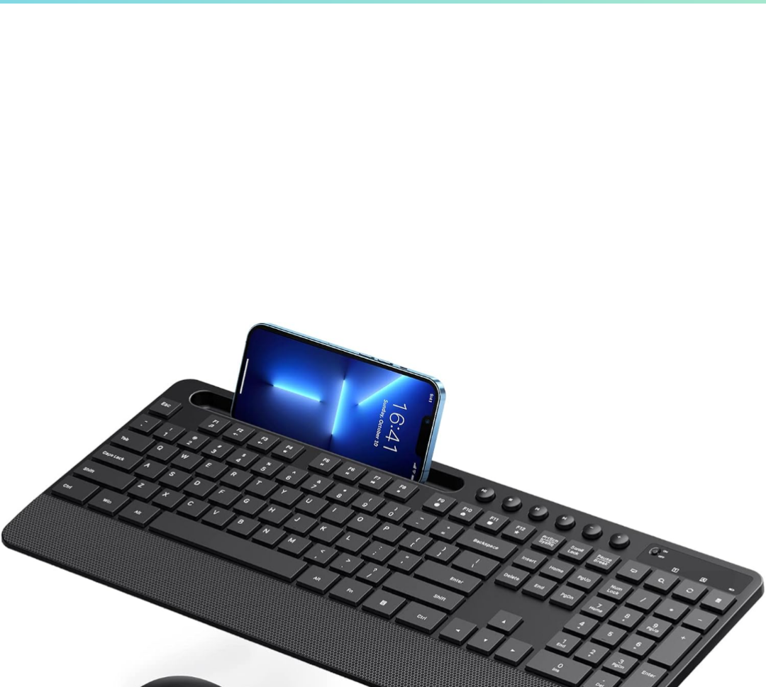 Wireless Keyboard Lag-Free Ergonomic Keyboard Full-Size with Phone Holder & 10 Independent Shortcuts