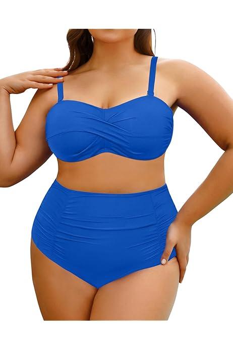 Yonique Women Plus Size Two Piece Swimsuits High Waisted Bathing Suits Bandeau Bikini Tummy Control Swimwear 18W 