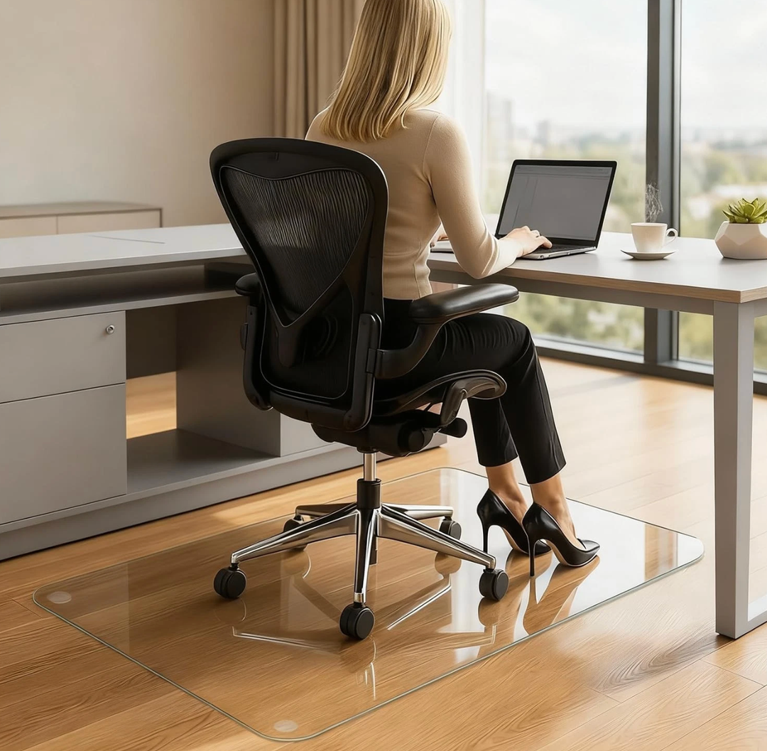 Yuzeyurun Tempered Glass Chair Mat, 48" x 31" Glass Office Chair Mat, 1/5" Thick Clear Floor Mat with Anti-Slip Pads, Heavy Duty Glass Mat for Carpeted and Hard Floor