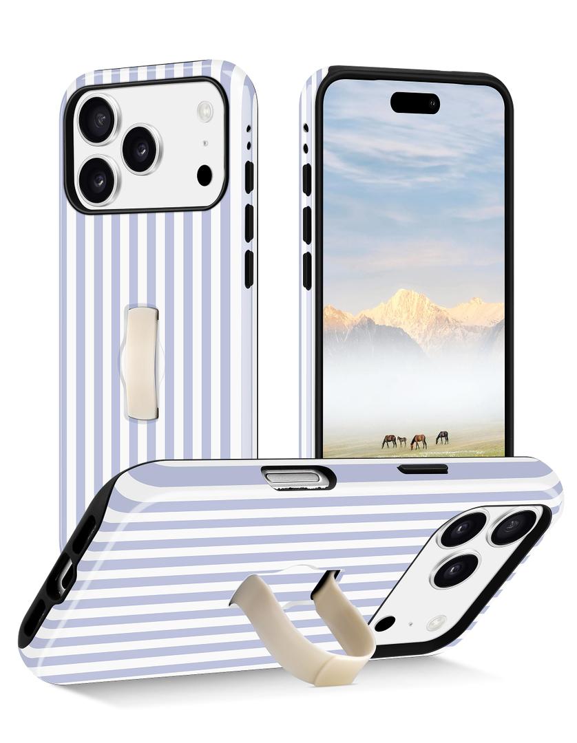 Jusy Stripes Phone Case Compatible with iPhone 17 Pro Max, with Finger Hand Strap Kickstand Shockproof Soft TPU Protective Cover for Women Girls, Blue and White