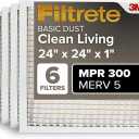 Filtrete 24x24x1 AC Furnace Air Filter, MERV 5, MPR 300, Capture Unwanted Particles, 3-Month Pleated 1-Inch Electrostatic Air Cleaning Filter, 6-Pack (Actual Size23.81x23.81x0.66 in)