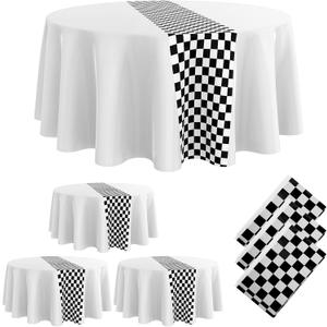 Oudain 3 Pcs Cars Birthday Party Supplies Racing Party Decorations Round Racing Tablecloth Checkered Flag Table Covers Road Plastic Table Cloth, 1950s Disco Dancing Party Tablecloth (White)