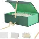 BoxSkivra Large Green Gift Box with Ribbon 1 Pack 13X9X4 Inch Large Gift Box with Lid Magnetic Closure Rectangle Collapsible Luxury Gift Boxes for Presents Shredded Paper Filler & Card