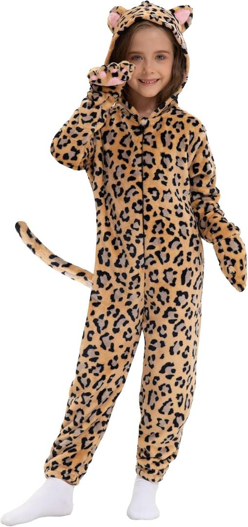 Cat Costume Kids Halloween Animal Onesie for Girls Boys (Large(9-10 Years), Cheetah)