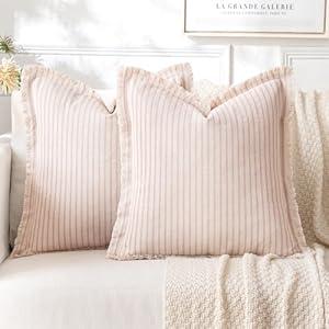MIULEE Pack of 2 Pink Pillow Covers 18x18 Inch Striped Farmhouse Couch Spring Throw Pillow Covers with Fringe Chic Cotton Decorative Cushion Covers for Sofa Living Room Bed Home Decor