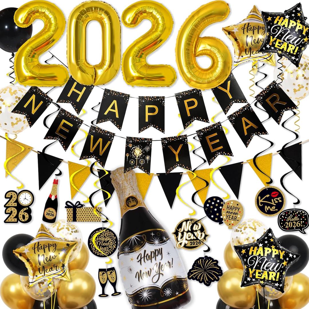 New Year Decorations 2026 New Years Eve Party Supplies Happy New Year Banner Glasses 2026 Balloons Hanging Swirl for New Years Eve Party Decorations