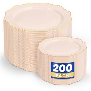 WDF 200PCS Pink Plastic Plates - Pink and Gold Plastic Plates - Include 100 Dinner Plate and 100 Cake Plate for Baby Shower/Wedding/Bridal Shower/Tea Party